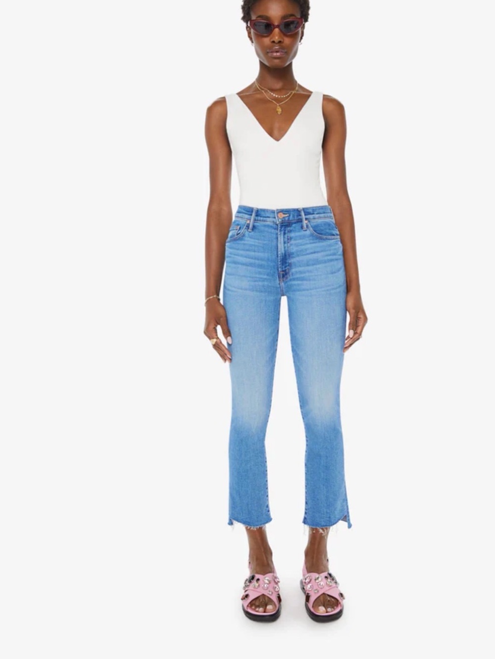 Mother  Blue High-Rise Cropped Flare Jeans - White